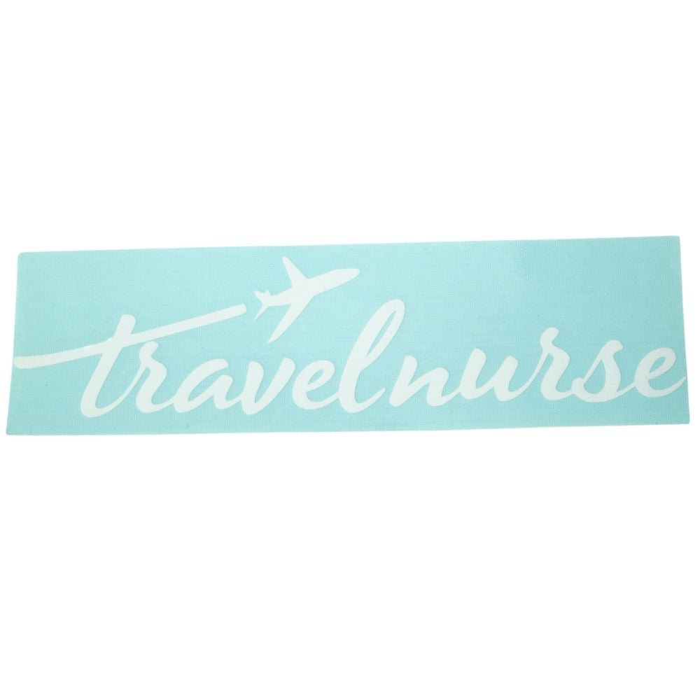 close of the travel nurse decal. Vinyl decal is white on a light blue backing