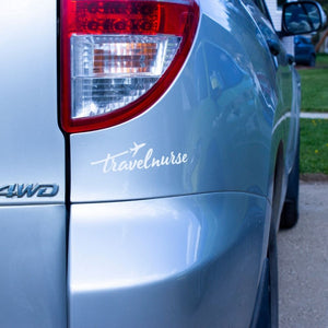 travel nurse decal on a silver car under the tail light