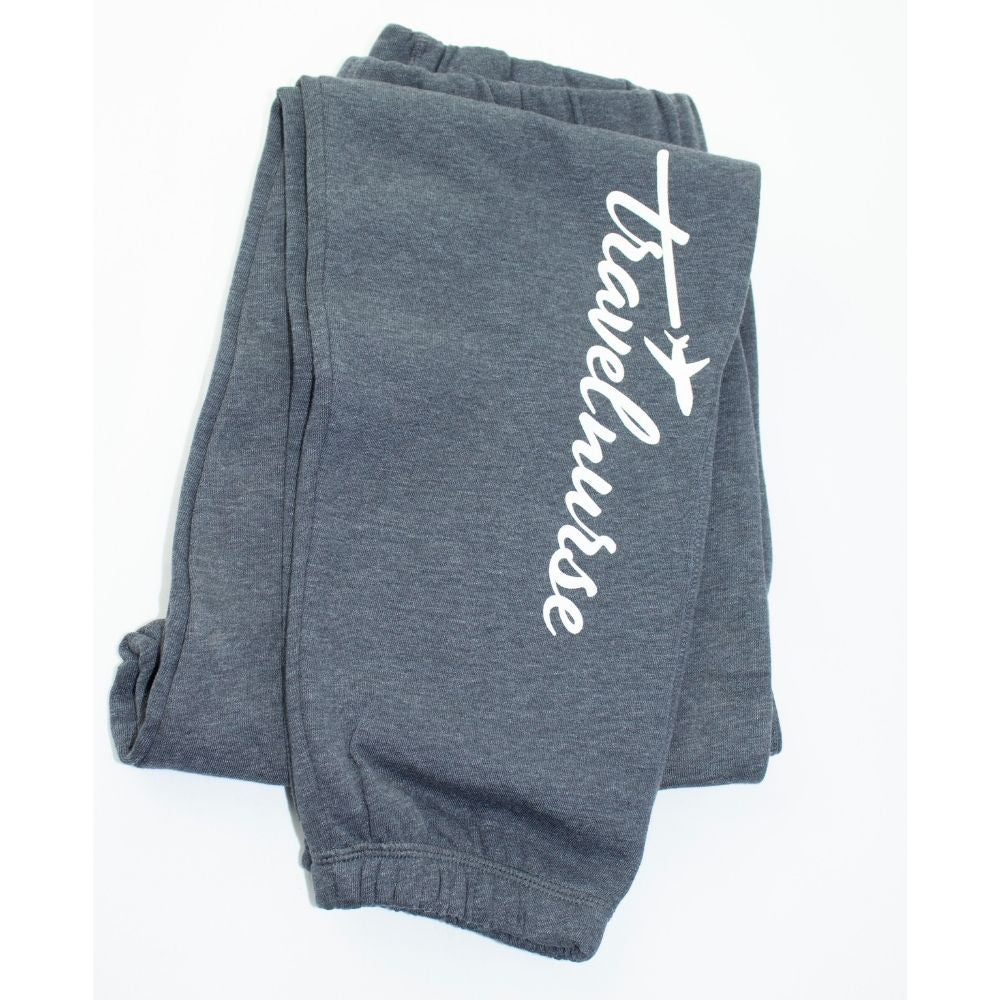 Product photo showing grey sweatpants with travel nurse logo vertical