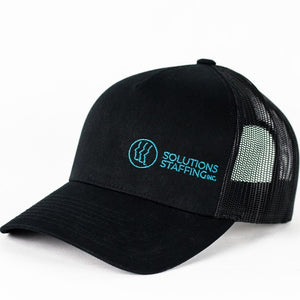product photo showing the mesh back and solutions staffing logo in teal